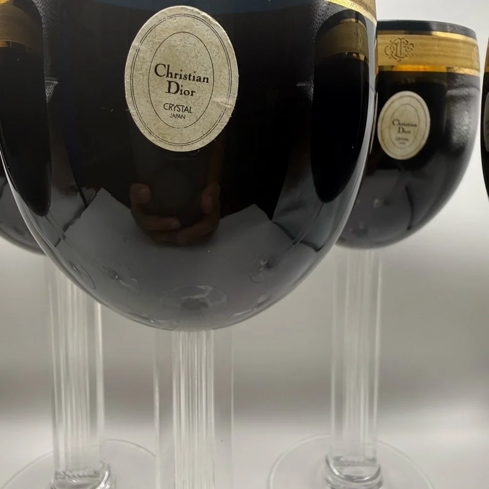 6 Vintage Christian Dior Ebony Gold Wine Crystal Stemware Japan